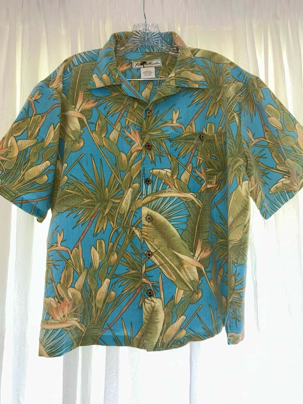 Joe Marlin Blue Tropical Palm Leaf Print Short Sleeve Button Down Camp Shirt